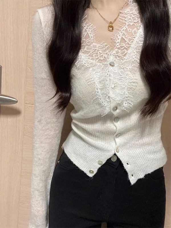 

Chic Lace Splice Knitted Cardigan Women's Early Autumn Retro Slim Fit Faion Base Top Korean Sle Long Sve V-Ne Warmth