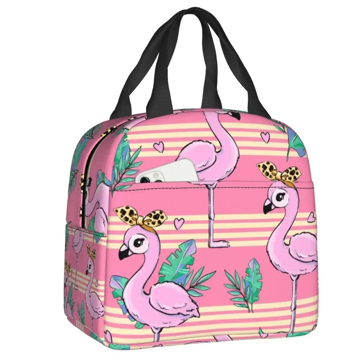 Seamless Pattern With Flamingo Insulated Lunch Bag for Work  and flowers Leakproof Food Thermal Cooler Lunch Box Women