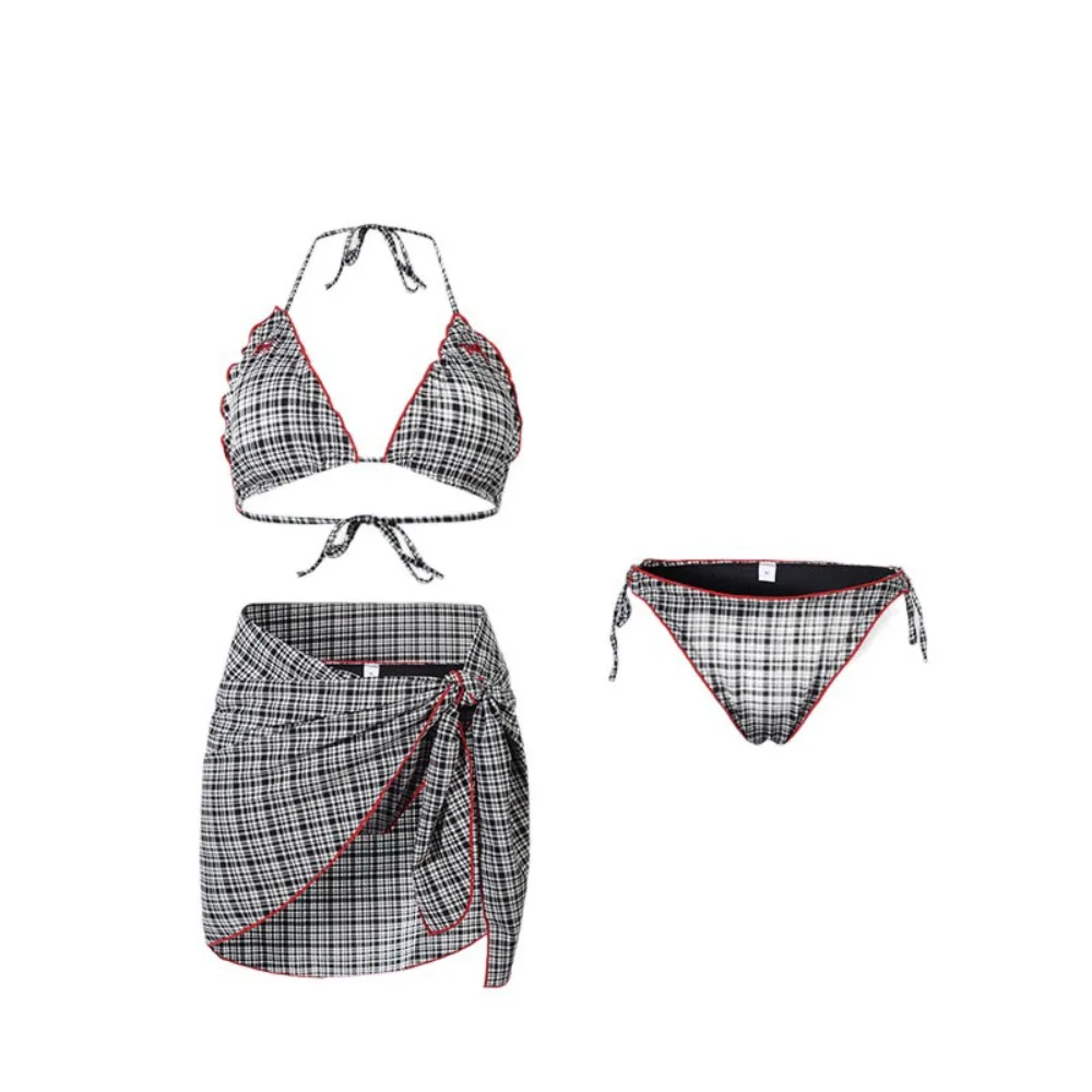 

Ins Bowknot Grid Sleeveless Swimsuit Lace Up Slim Fit Bikini Bathing Suit Pleated Deep-V Three Pieces Swimwear Set Ladies