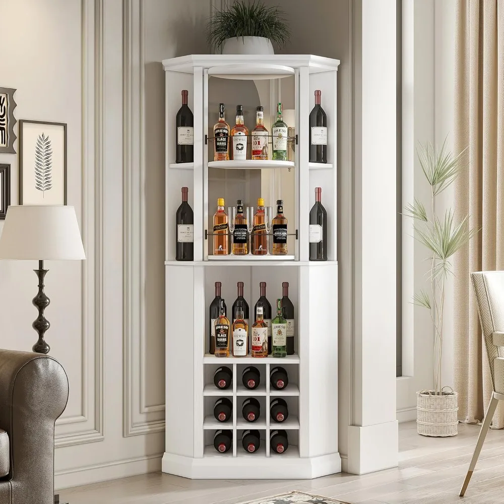 

Corner Wine Cabinet Rotating Glass Wine Rack, Farmhouse Bar Storage Cabinet with Cup Holders, Home Bar Cabinet Dining Room