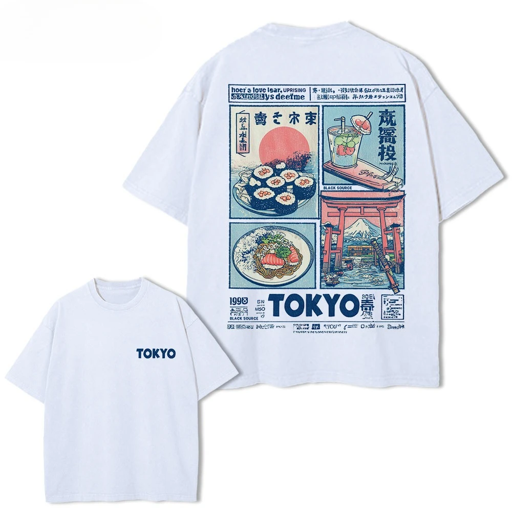 Hot Vintage Tokyo Japan Graphic T Shirt Retro Sushi Mount Fuji Print Unisex Cotton Crew Neck Short Sleeve Street Loose Tee Top