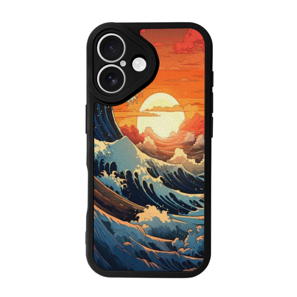 Great Wave off Kanagawa Sunset Phone Case For iPhone 16 Pro Max Plus Soft Silicone Skin Case