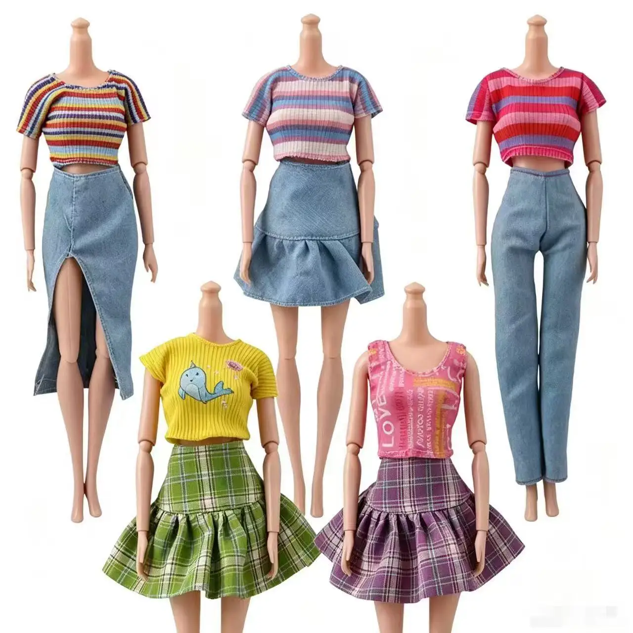 

5 Pcs/Set Summer Fashion Outfits Clothes for 11.5 Inch Dolls Tops & Jeans & Skirts Clothing Set Colorful Accessories Kids Toys