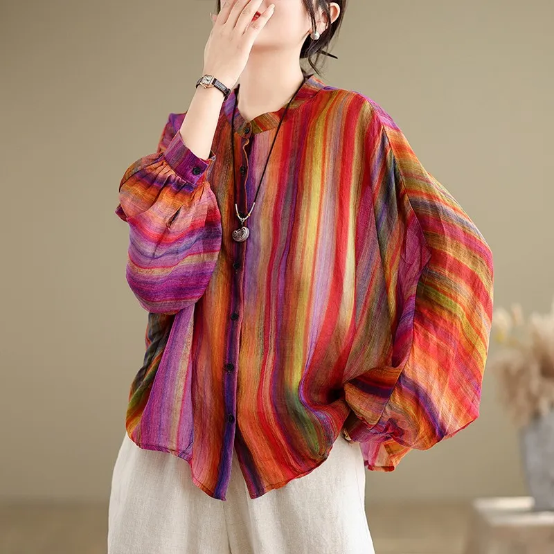 Women Long Sleeve Casual Shirt New Arrival 2024 Spring Vintage Style Colorful Striped Loose Comfortabel Female Tops Shirts B3626