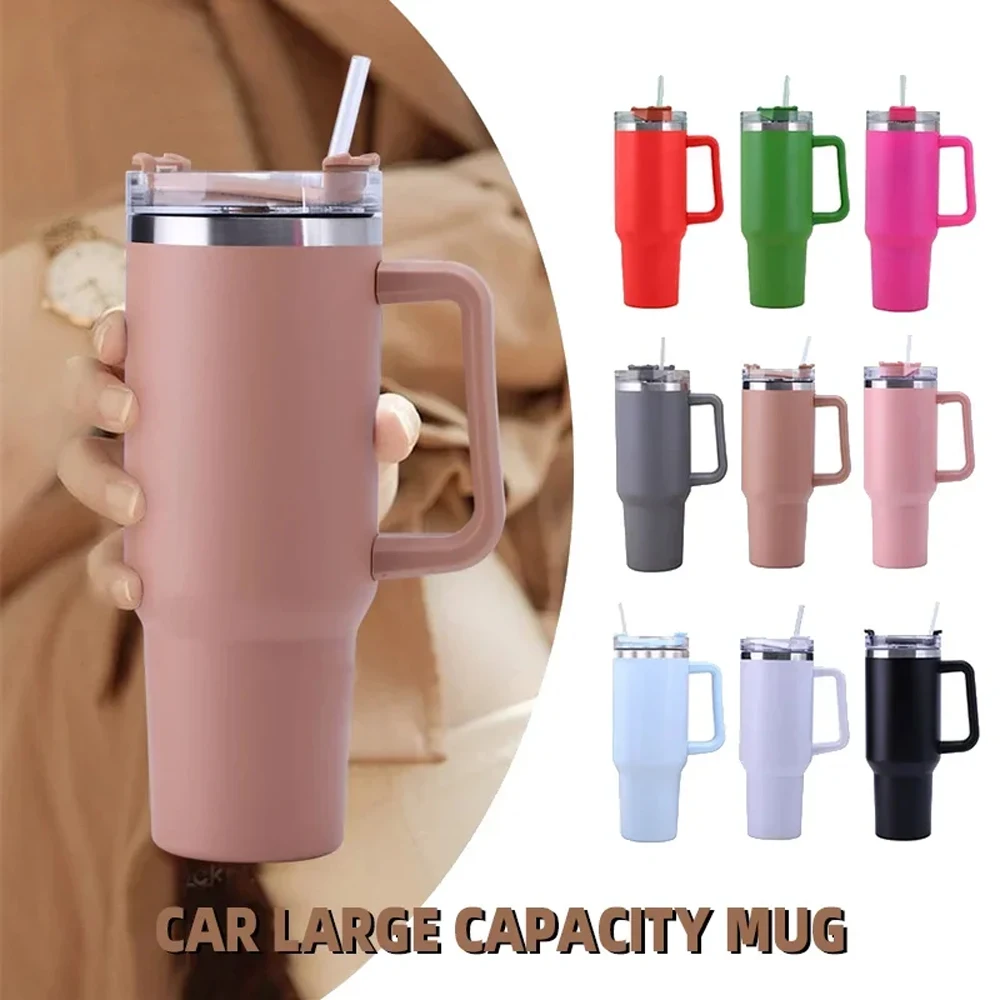 

40Oz Straw Coffee Insulation Cup with Handle Portable Car Stainless Steel Water Bottle Largecapacity Travel Bpa Free Thermal Mug