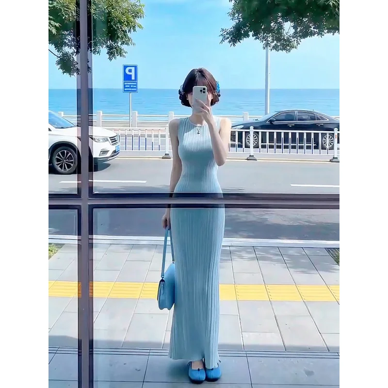 

Spring New Sleeveless Ribbed Knit Dress, Figure-Flattering Fishtail Bodycon Dress, Casual Everyday Elegant Long Dress