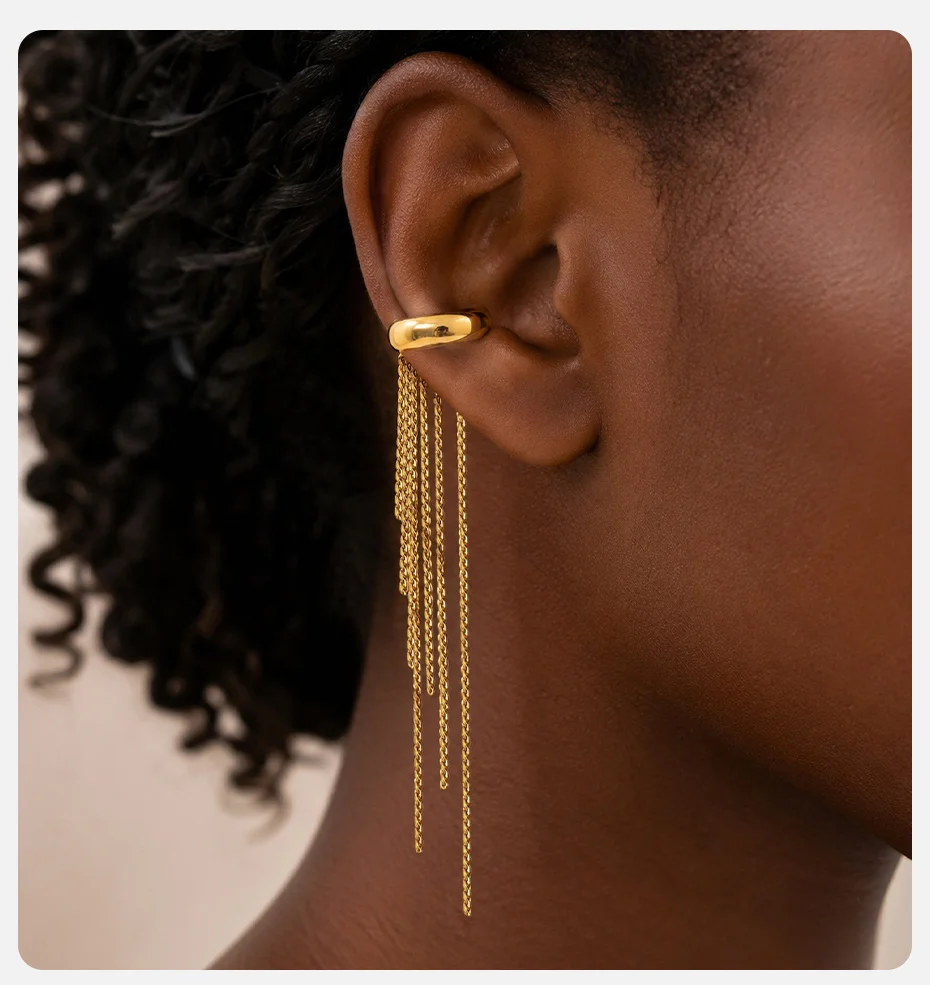 Vnox Trendige Lange Quasten-Ohrclips für Damen aus Edelstahl, Ohne Piercing, Wasserdicht, Antiallergisch – Detail 2