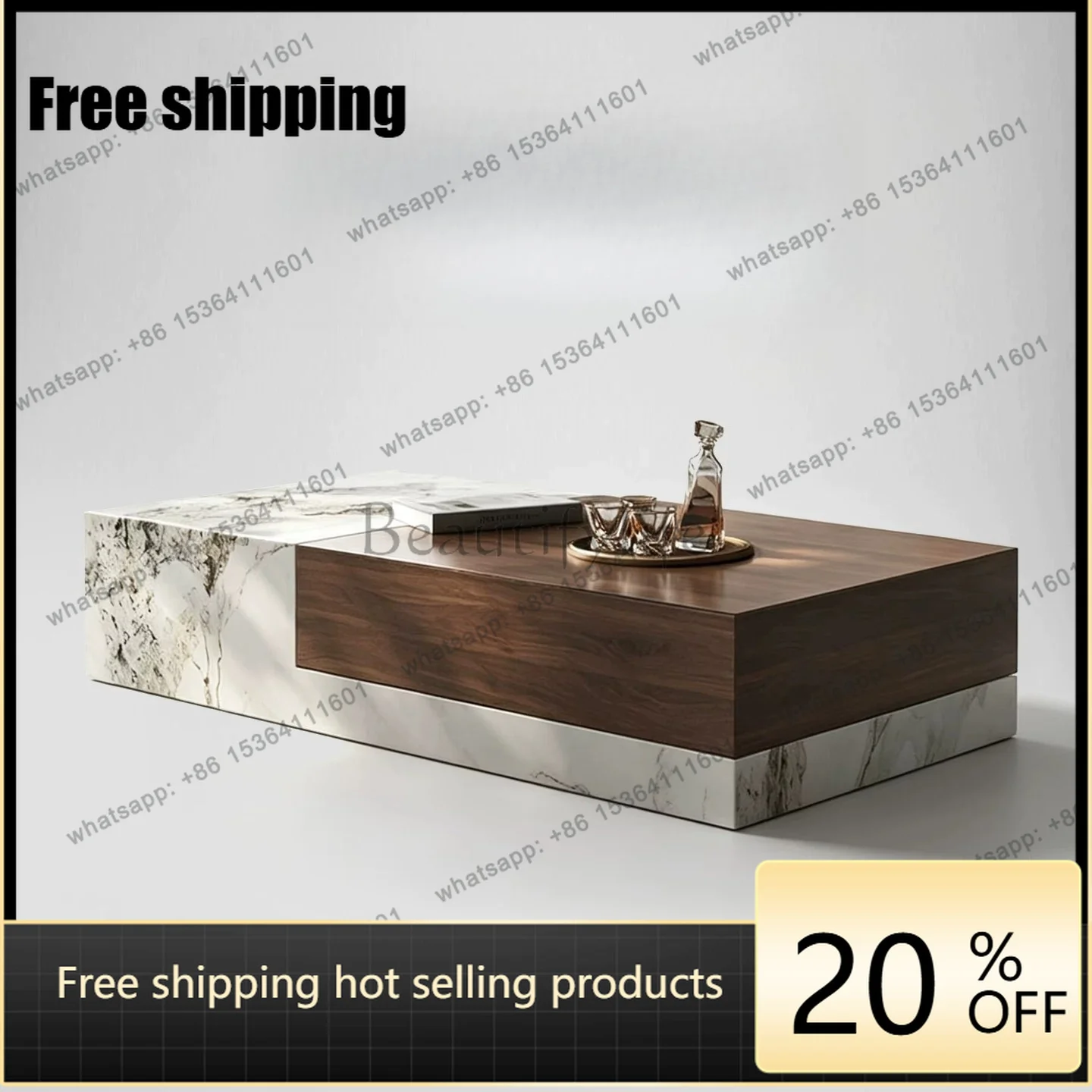 Factory direct sales rock slab solid wood rectangular coffee table household living room modern light luxury coffee table