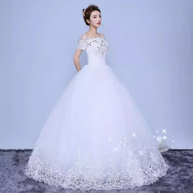 Cheap Wedding Dress White Tulle Embroidery Off the Shoulder Lace up Princess Floor-length Plus size Bling Bride Ball Gown XN089