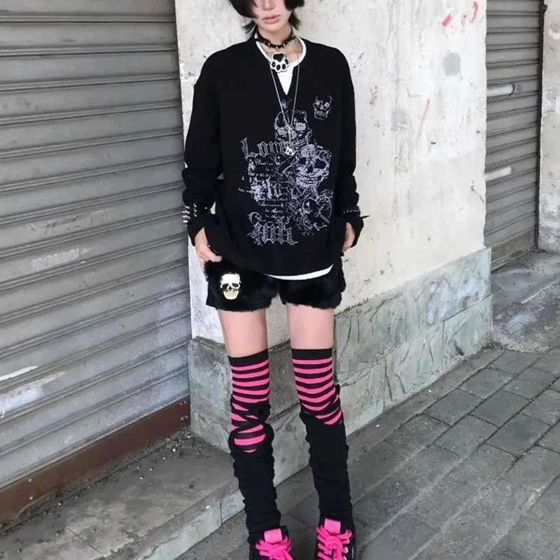 Fake Two Pieces Skulls Printed T-shirts Women's Clothing Stylish Spliced Spring Autumn Casual Round Neck American Punk Pullovers