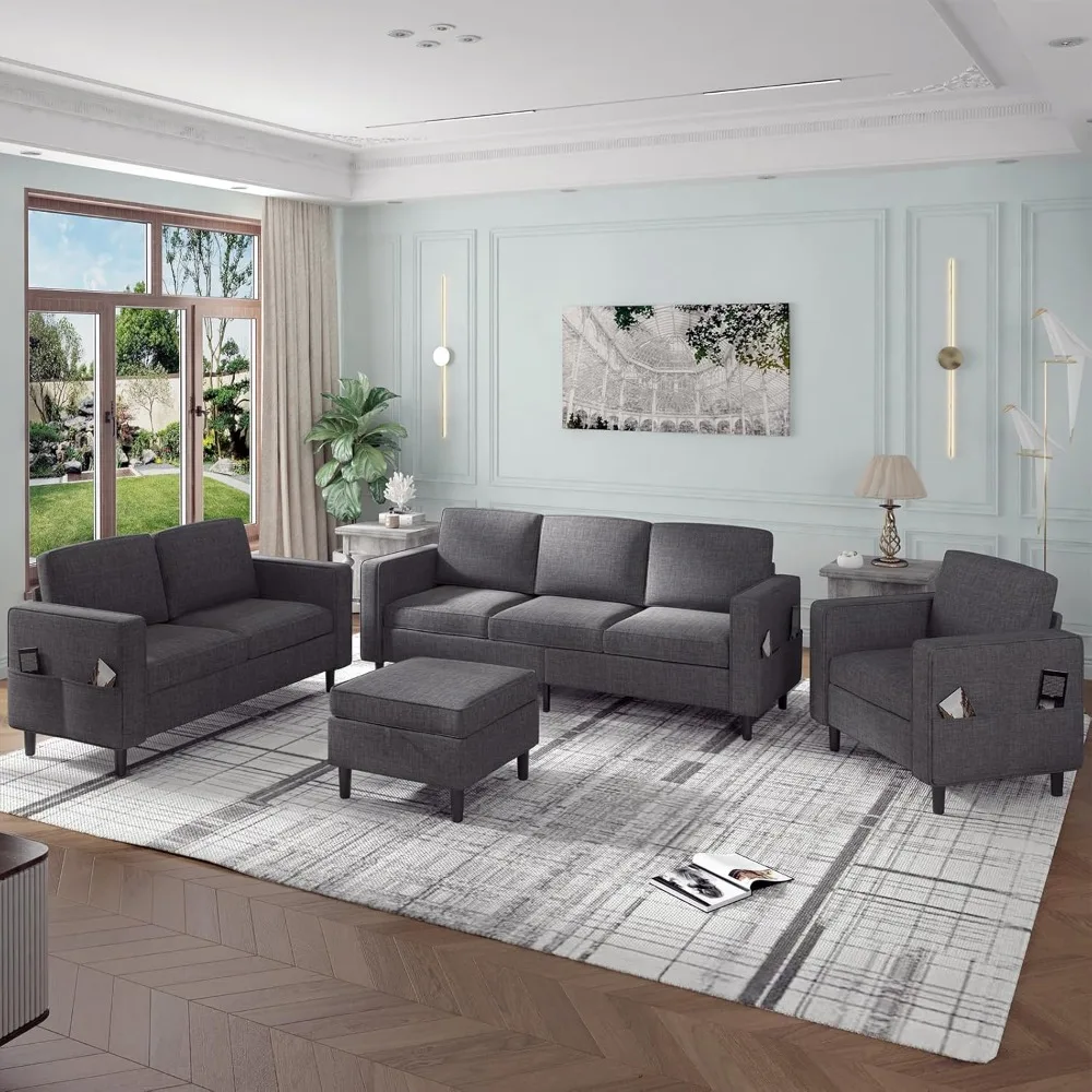 L Shaped Sofa Sets 3 Pieces ,Living Room Rurniture Sets,Sectional 3-Seater L Shape Sofa and Loveseat Armchair Set w Movable