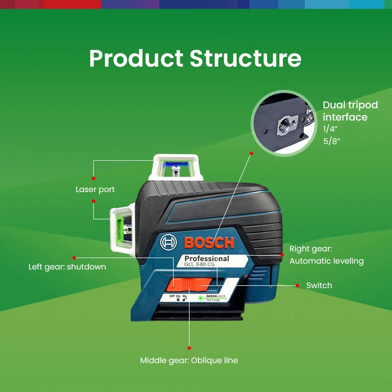 Bosch Gll 3-80 Cg Green Laser Level 4 Modes 3 Planes 12 Lines Bluetooth Pulse Function Shockproof Laser Level Meter Diastimeter