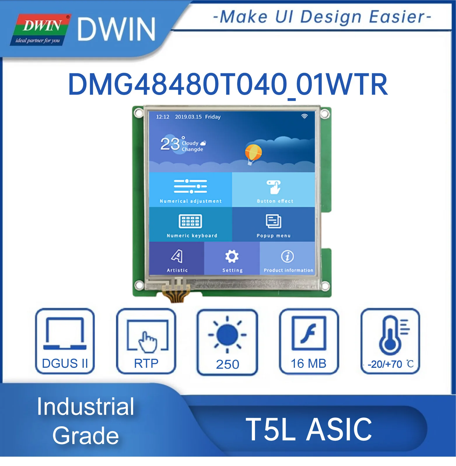 DWIN 4.0 inch 480*480 Square HMI Screen, IPS TFT LCD Display With/Withiout Touch Panel Module DWG48480T040_01W