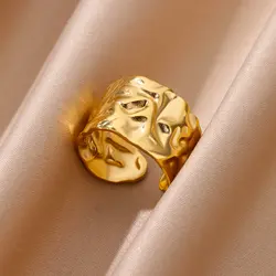New Trend Stainless steel Geometric Texture Wide Rings For Women Men Irregular Gold Color Wedding Ring Female Punk Jewelry Gift