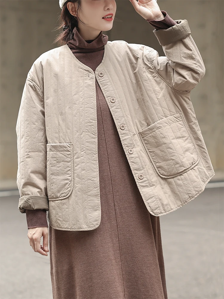 

Утепленная хлопковая куртка для женщин: зимняя, свободная, повседневная, теплая, из высокоплотного хлопка, в простом японском стиле