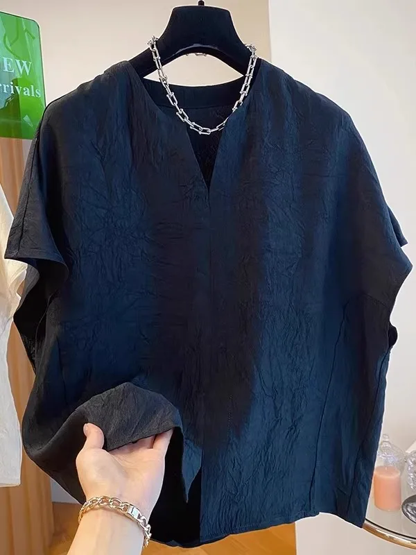 Retro V-ne ort Sve T-irt Women's Summer Loose Fit Texture Sensation Slimming Top Commute Sle Basic  Color