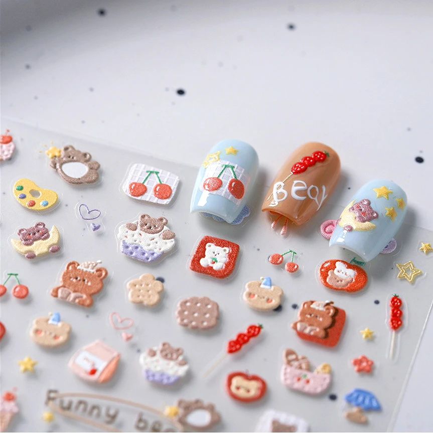 Bear Cat Clouds Cherry Food Ice Cream Milk Bowknot Heart Apple Adhesive Nail Art Stickers Flower Star Strawberry Manicure Decals