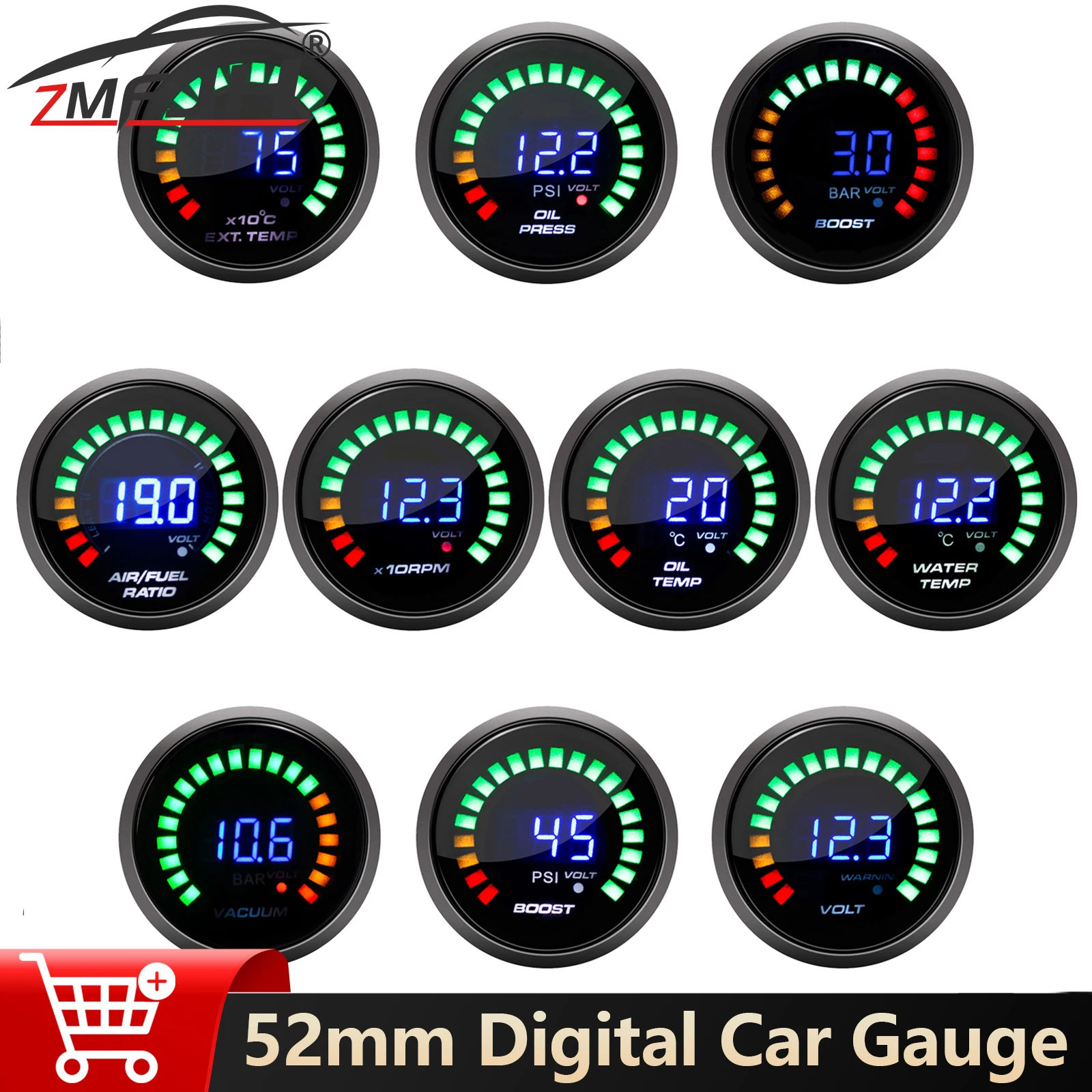 Manometro temperatura acqua 52mm Boost BAR PSI RPM Temp olio Pressa olio Tensione vuoto Rapporto aria combustibile Indicatore temperatura scarico per auto 12V