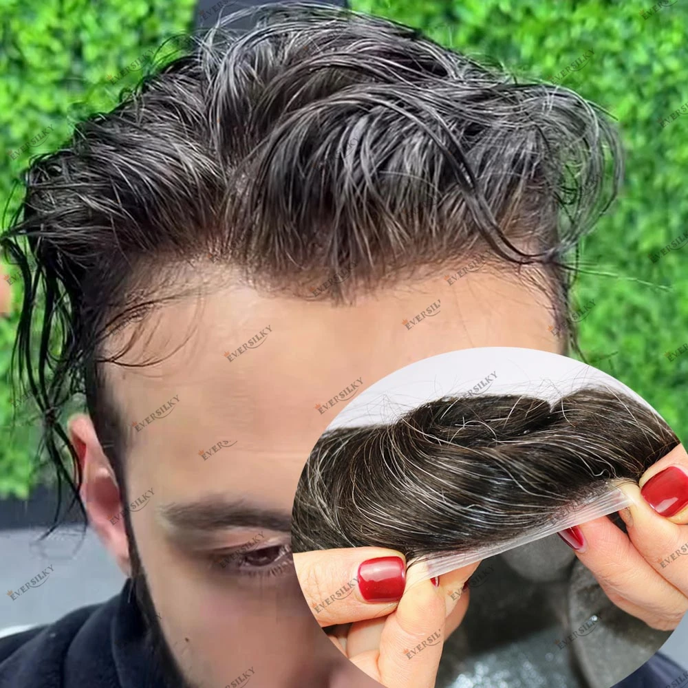 

Invisible Thin Skin Microknots Natural Hairline Men's Human Hair High End Toupee Prosthesis Black Blonde Grey Old Men Toupee