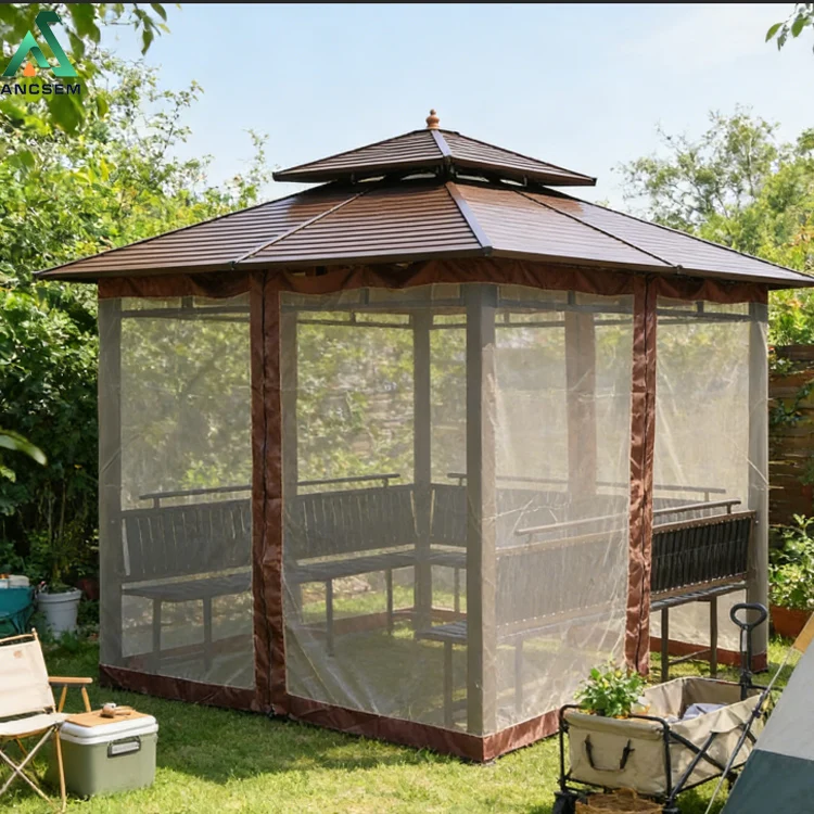 ANCSEM  Luxury Geometric Carbon Steel Gazebo All Weather Hardtop With Netting for Patio Shade and Rain Protection