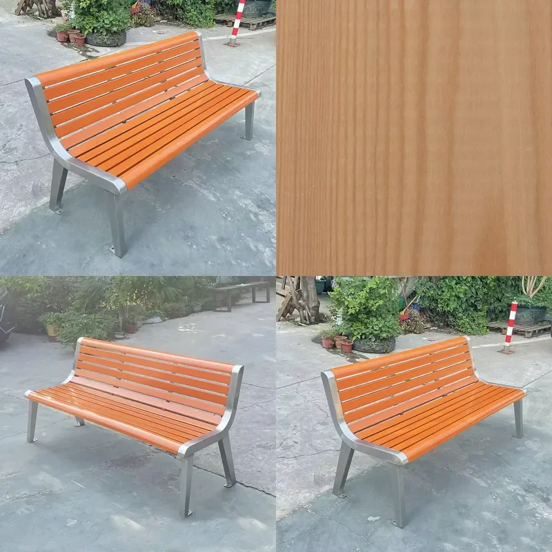 Outdoor Wood and Stainless Steel Bench with Backrest Long Chair Furniture Seating for Park Patio Gym for Wood Plastic