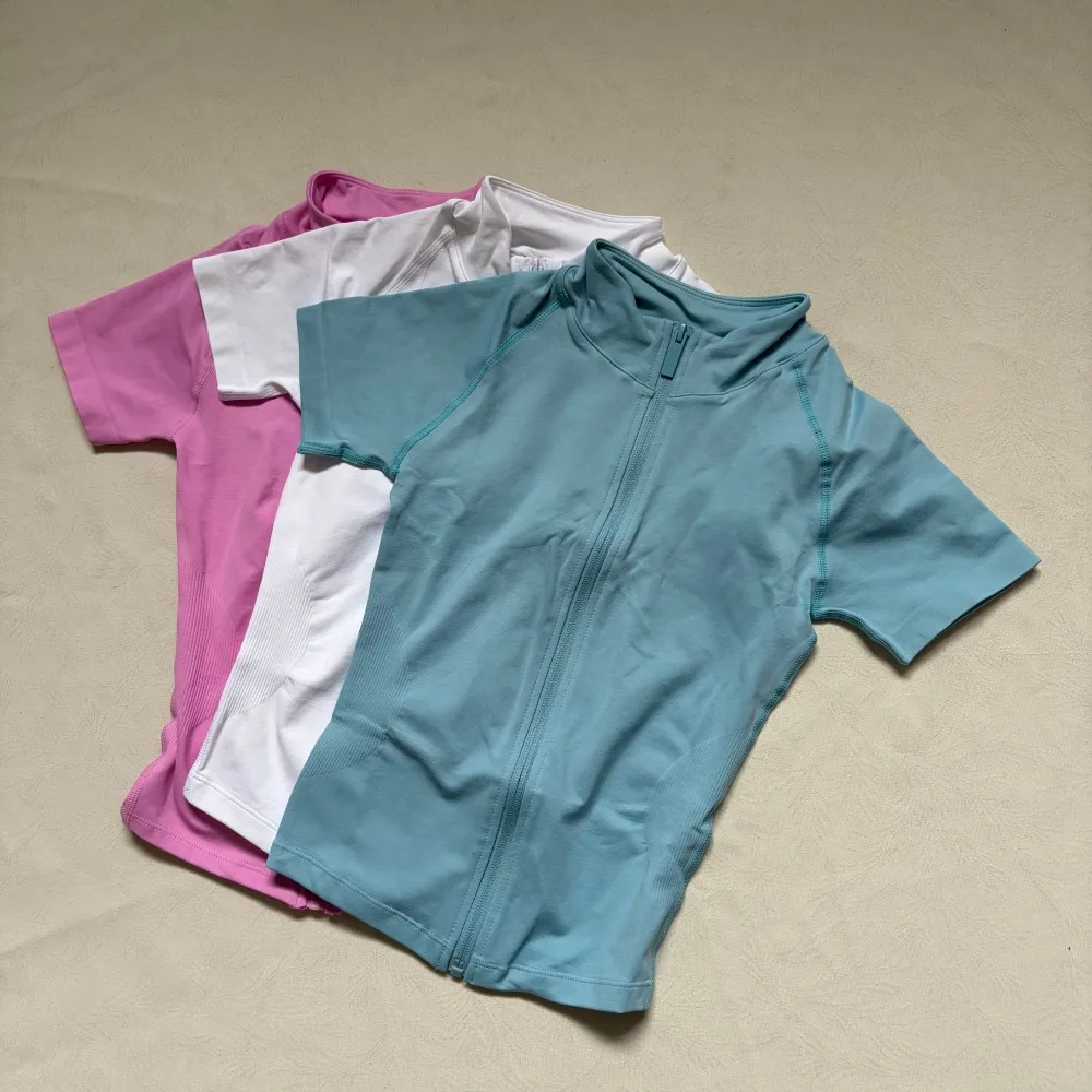 Logo Women Zip Front Short Sleeve Yoga Shirt Slim Fit Tummy Control Quick Dry Running Fitness Outdoor Sports Casual T-Shirt