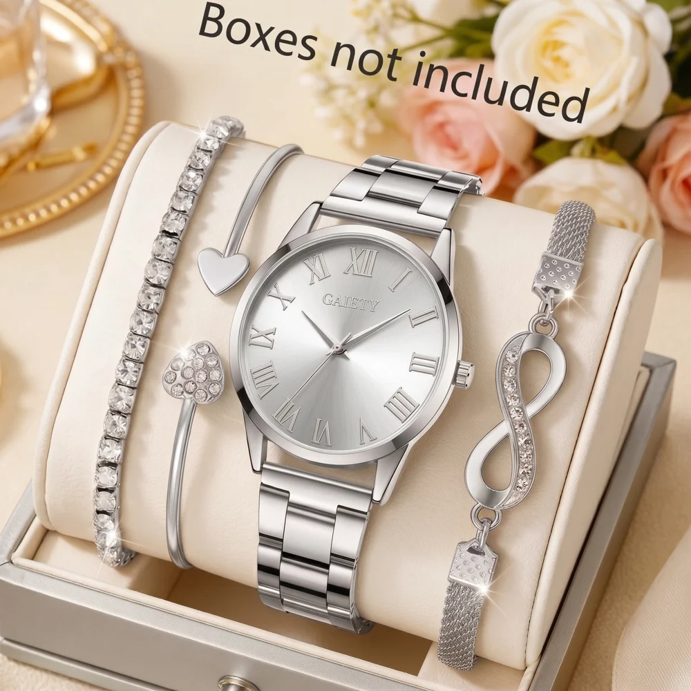 4Pcs/Set Unisex Jewelry Watches Women's Wristwatch Accessories Silver Trendy Fashionable Elegant Classic Exquisite Light Luxury Rhinestone Luxury Roman Numeral Dial Round Dial Quartz Watch Set Y2K Suitable for Travel, Parties, Daily Outfits, Perfect Birthday and Holiday Gift