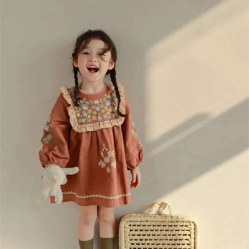 

2024 Girls Baby Embroidery Flowers Dress Fashion Korean Kids Spring Autumn Floral Dresses Kids Children's Clothing Vestidos