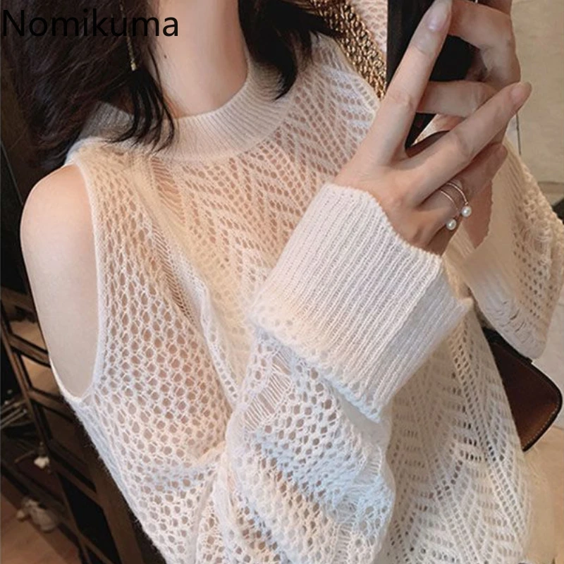 Korean Sweater for Women Long Sleeve O-neck Thin Jumper Sueter Mujer Off Shoulder Fashion Hollow Out Knitted Thin Pullovers Tops