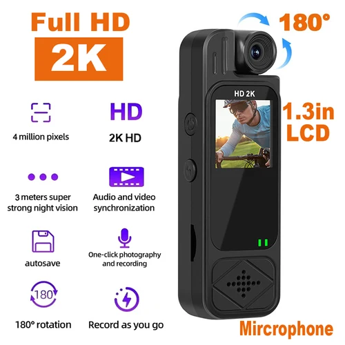 Imagen 2 del producto Cámaras de acción Full HD 2K 1080P para cámara montada en el cuerpo grabadora de vídeo Digital pantalla LCD de 1,3 pulgadas visión nocturna 180 °   Adjustablecir