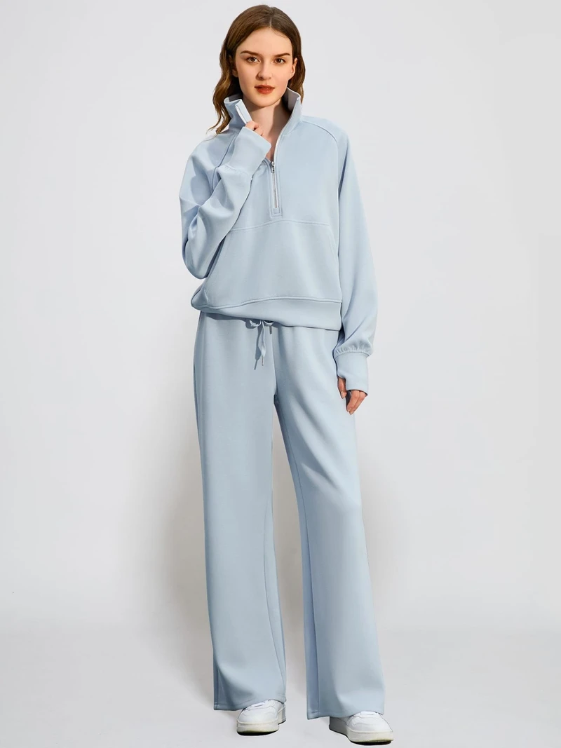 

Модный комплект для отдыха из 2 предметов для женщин, воротник-стойка с длинными рукавами, топ на молнии и брюки на шнурке, подходящая одежда для бега, повседневная одежда