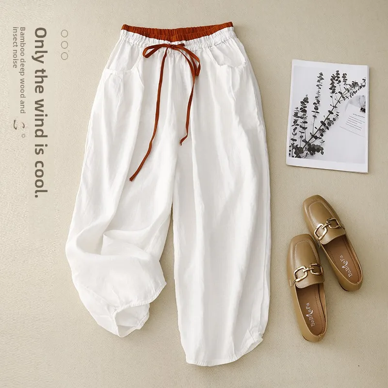 Solto tamanho grande calças harém femininas algodão linho cintura alta nove pontos lanterna calças casuais marca tag removido