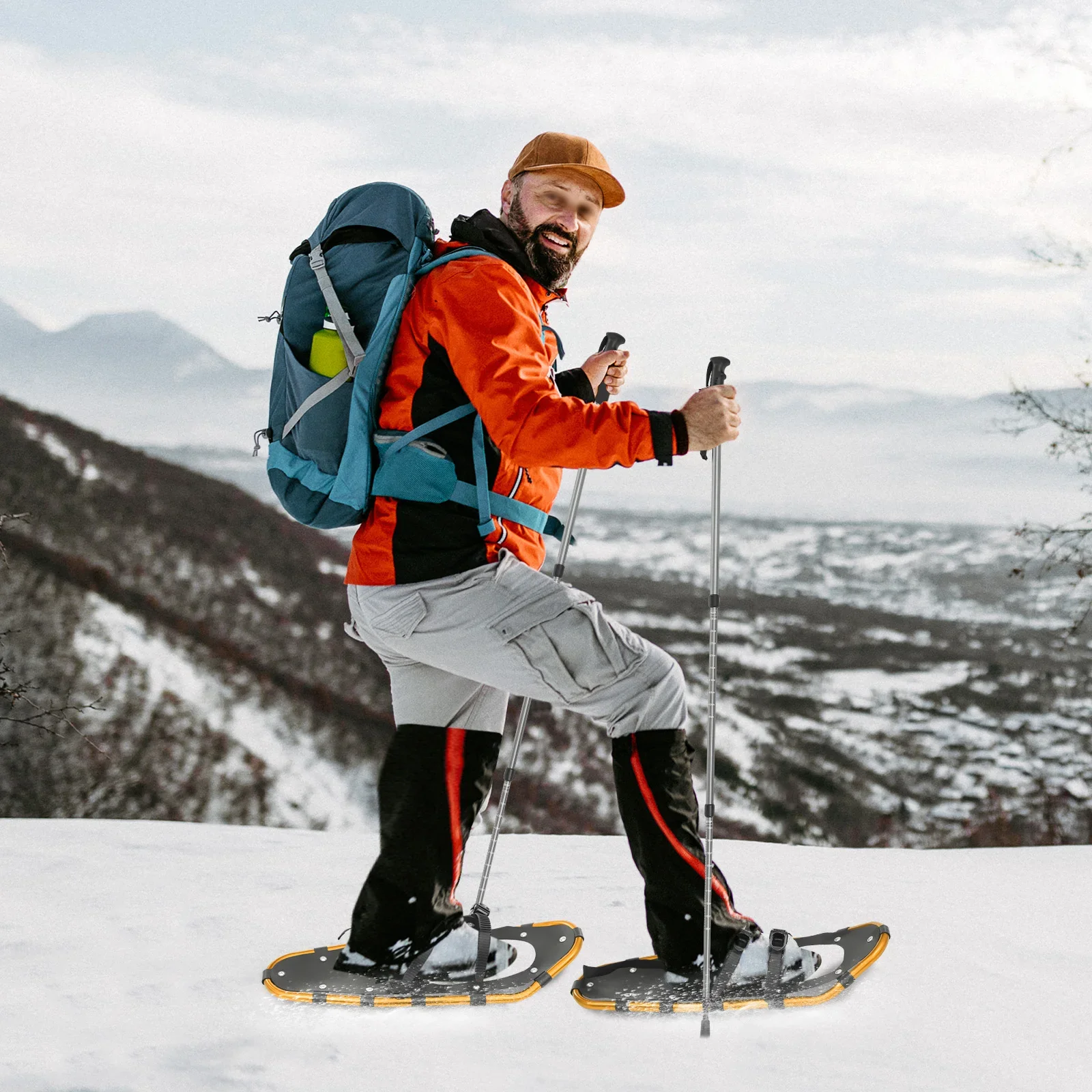 زوج واحد من أحذية الثلوج مقاس 25 بوصة وأحذية الثلج وأقطاب الرحلات القابلة للتعديل 65-135 سم، مناسبة للبالغين والرجال والنساء الذين يزنون 110-220 رطلاً