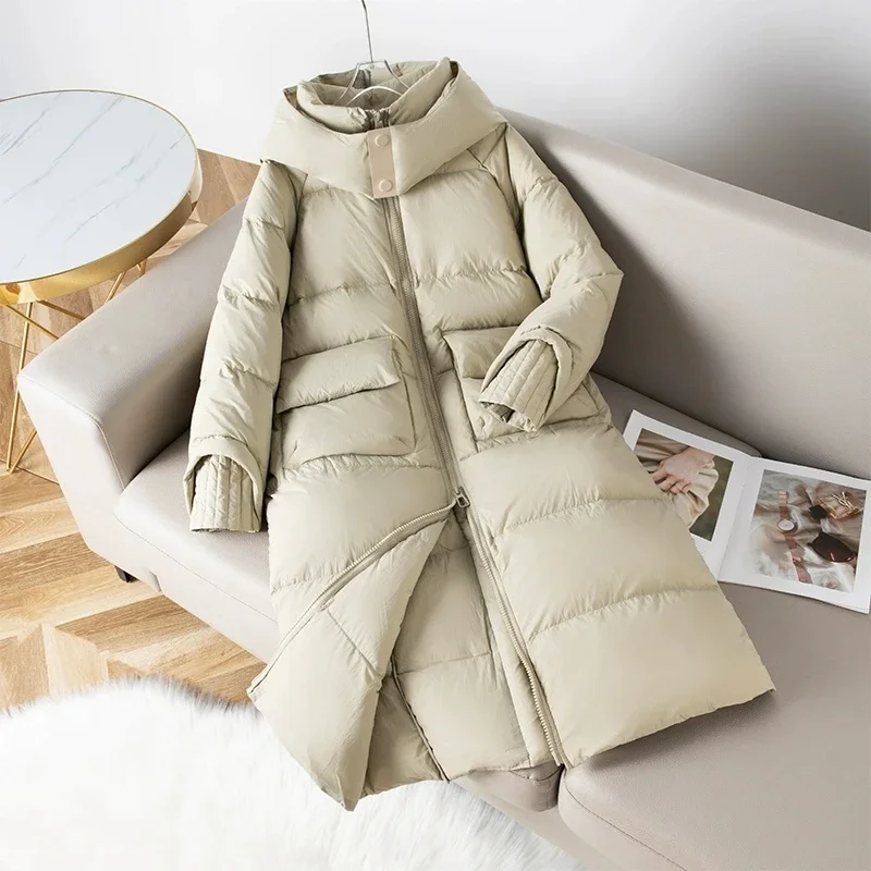 2025 Winter New 90 White Goose Down Jacket Women's Long Knee Over High end Down Jacket Female Windproof  Thicken Parker Overcoat
