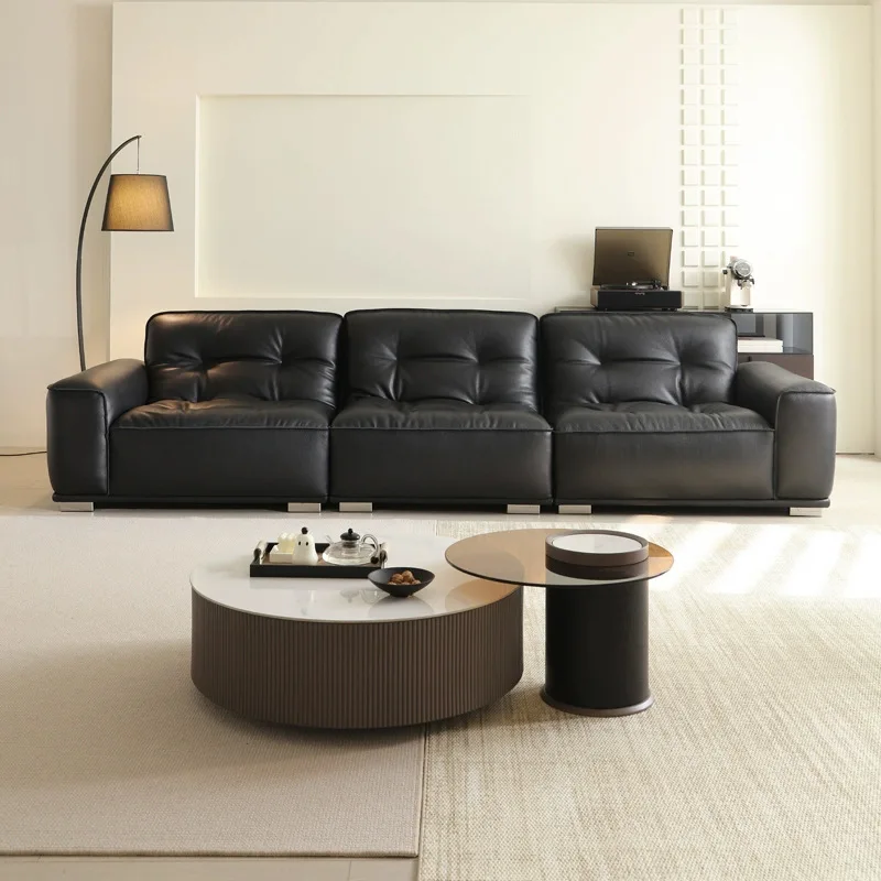 Sofa leather sofa big black cow living room Italian minimalist three people