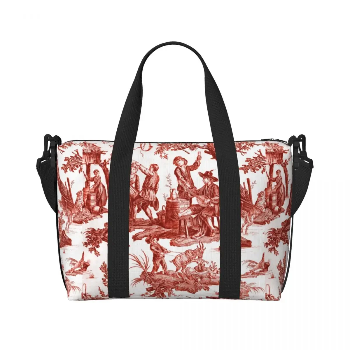 مخصص الأحمر والأبيض تويلي دي جوي البقالة حقيبة تسوق حقائب النساء سعة كبيرة الزخارف الفرنسية الأزهار شاطئ رياضة حقائب السفر