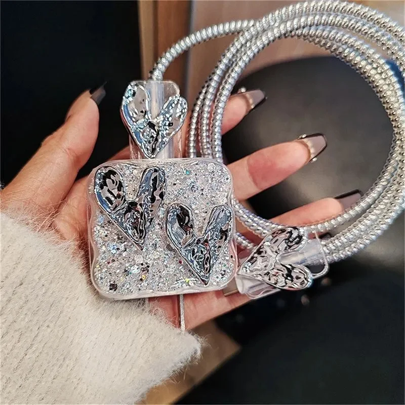 Luxury Glitter Love Heart Silicone Charger Cover For IPhone 11 12 13 14 15 18W-20W Clear Charge Protection Cover Charger Sleeve