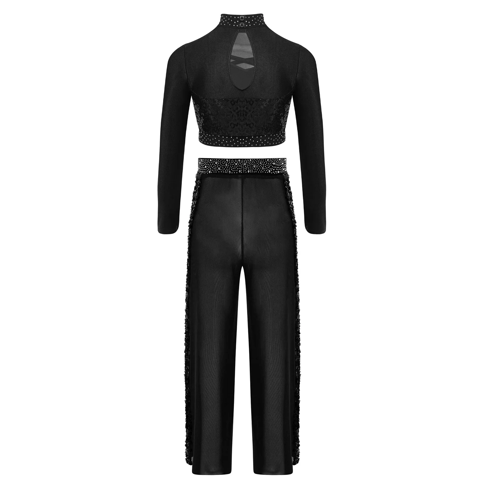 2Pcs 어린이 소녀 재즈 라틴 댄스 세트 긴 소매 라인스톤 스팽글 크롭 탑 + 투명 메쉬 바지 세트 공연 대회용