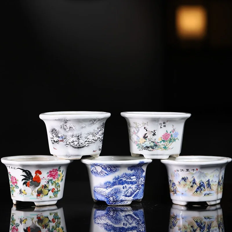 China Yixing Ceramic Flower Pot Indoor Decoration Chinese Landscape Painting Vase Desktop Breathable Greenery Bonsai Pots