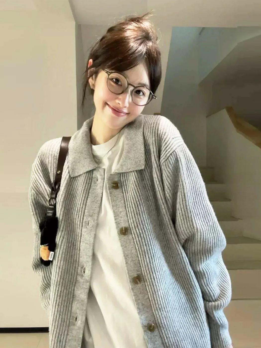 

Fall/winter lapel cashmere cardigan women's long loose padded knitted lazy sweater