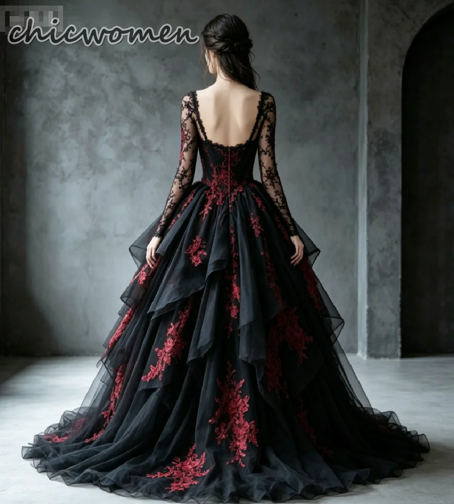 Charming Black Red Gothic Wedding Dress Lace Long Sleeve Tiered Tulle Lace Halloween Country Bridal Dresses 2026 Multi Layer