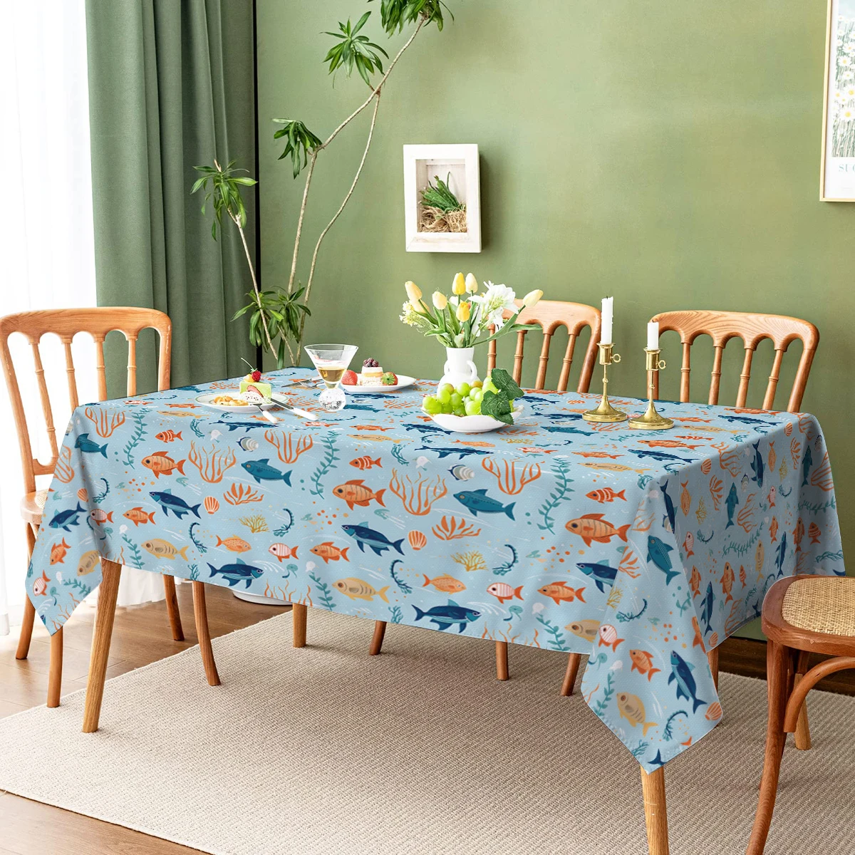 Cartoon Watercolor Fish Seagrass Shells Stain Resistant Tablecloth Coffee Table Antifouling Home Living Room Dining Table