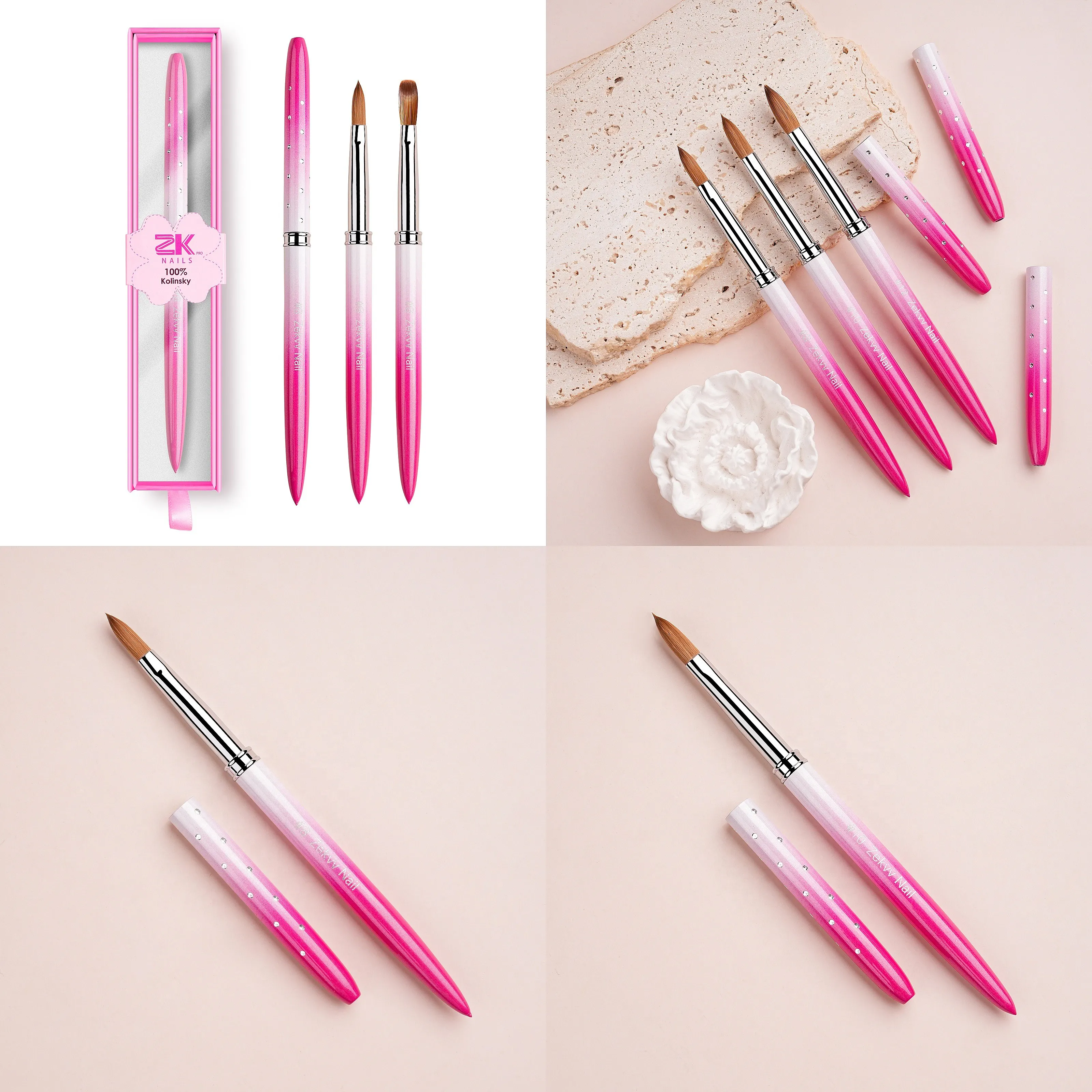Pink Metal Handle Custom Logo Crimped Nail Powder Brush Professional Kolinsky Acrylic Nail Brush Sizes 6-18