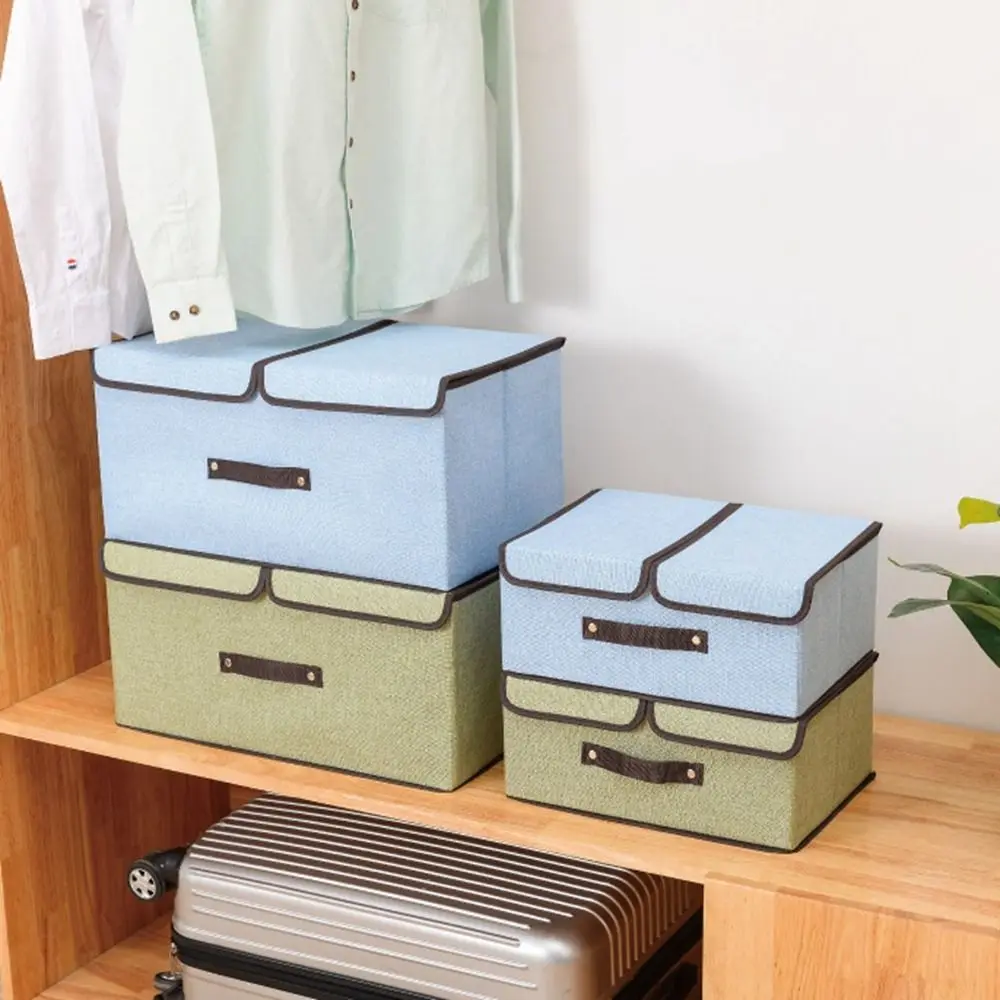 

Versatile Grey Cotton Linen Double Lid Box Foldable Large Bedroom Storage Box Lightweight With Lid Clothes Container Wardrobe