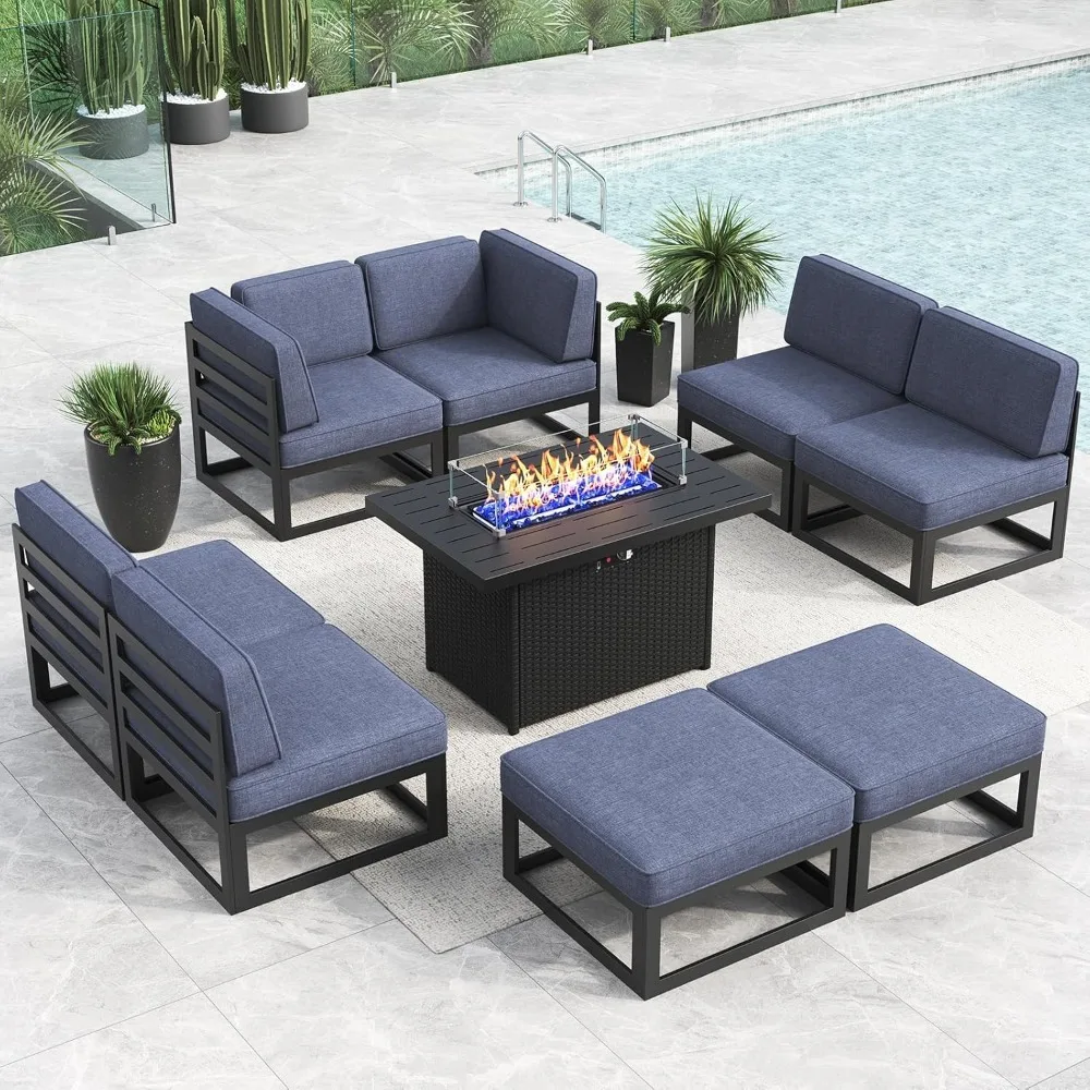 

Large Aluminum Patio Furniture Set with Fire Pit Table, 9 Pieces Modern Outdoor Conversation Set Sectional Metal Sofa Set.