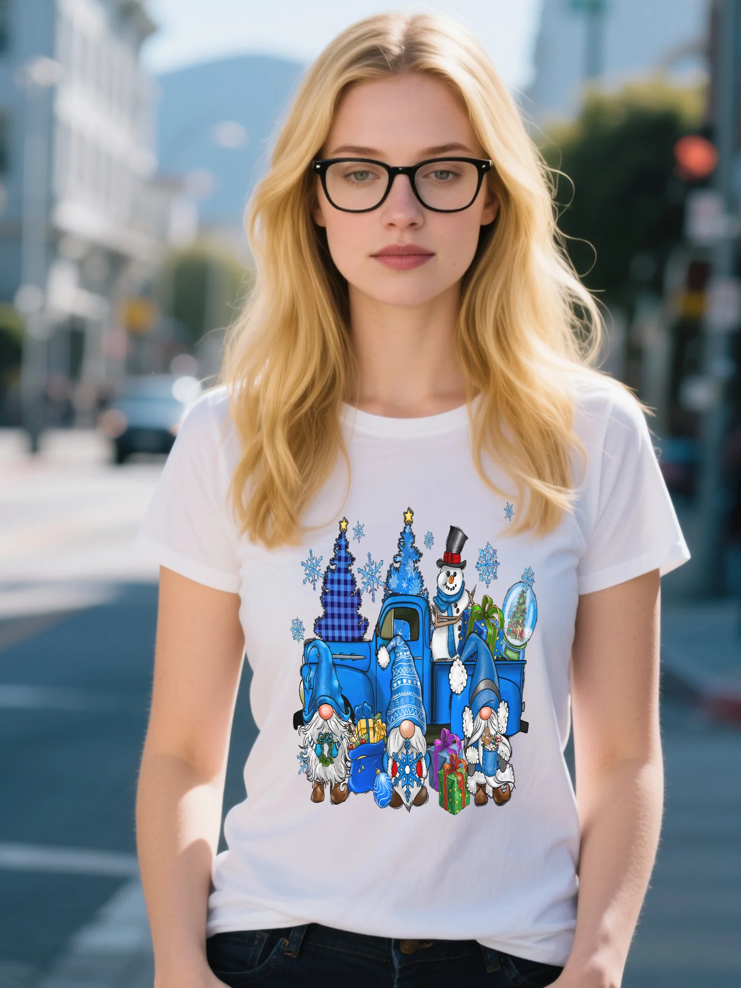 

Organic Cotton Women's T-Shirt - White High Street Reindeer Graphic Print, Moisture-Wicking Winter Essential