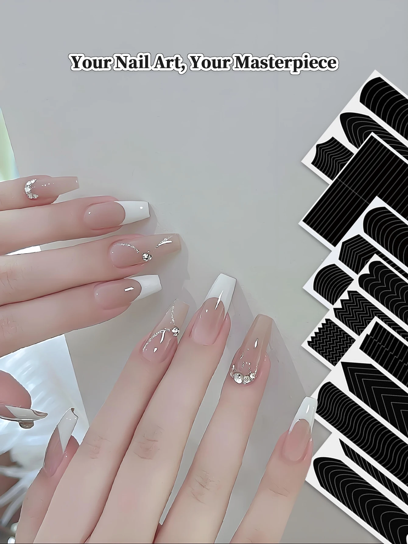 1 Zestaw 6 Naklejek + 1 Para Pęset, Naklejka na Paznokcie Półksiężyc Kształt V Klasyczny Linia Łuk Szablon Pomocniczy Narzędzie do Druku