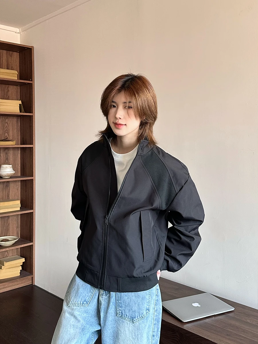 

Ja1 Unisex Deconstructed Stand Collar Jacket Versatile Cleanfit Top Polyester Fiber Long Sleeve Zipper Closure Daily Wear