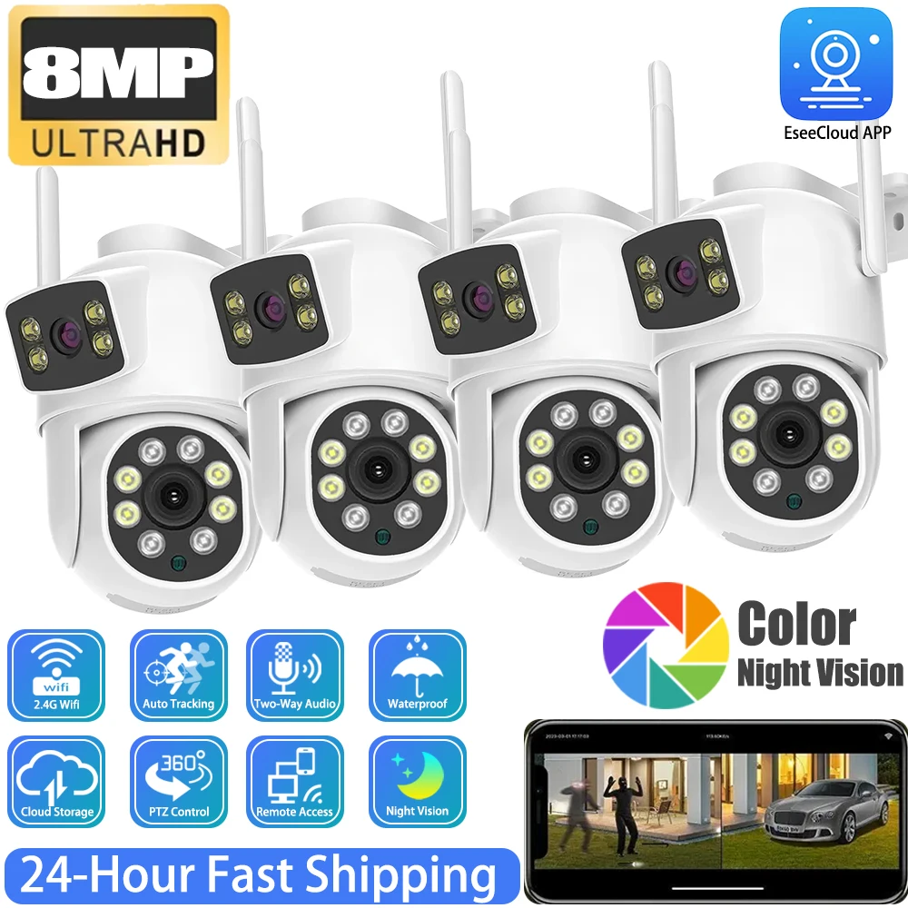 4K 8MP Dual Lens Dual Screens Mini Wireless PTZ Camera Two Way Audio Color Night Vision Outdoor Waterproof Wifi Camera EseeCloud