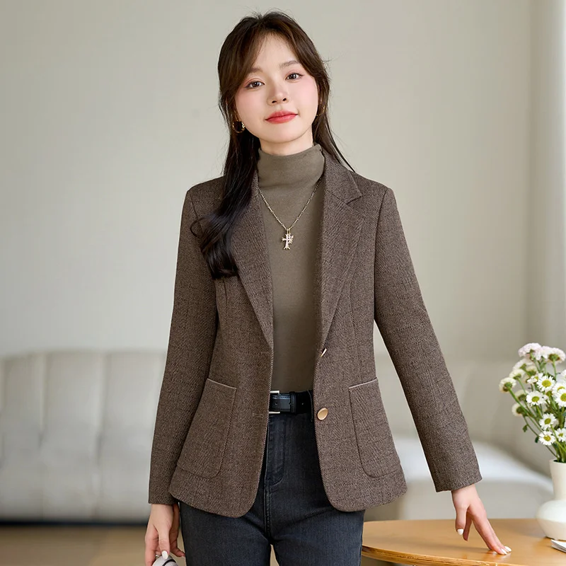 New Elegant Gray Coffee Red Lattice Women Blazer Ladies Long Sleeve Slim Formal Jacket Suit Coat  Autumn Winter Female Outerwear